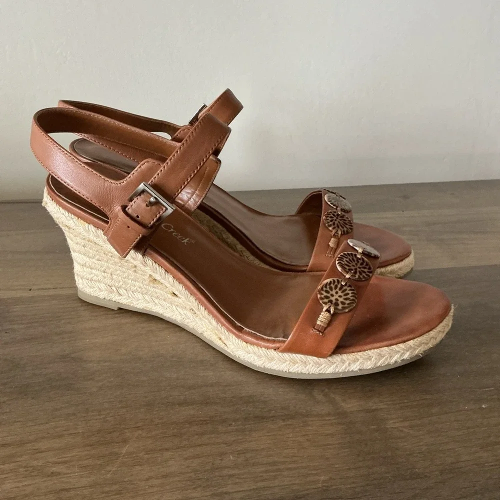 Coldwater Creek Wedge‎ Espadrille Brown Leather Sandal Size 9